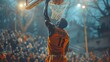 African American National Basketball Superstar Player Scoring a Powerful Slam Dunk Goal with Both Hands In Front Of Cheering Audience Of Fans. Cinematic Sports Shot with Back View.