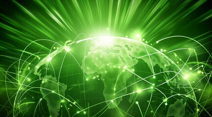Wall Mural - green background with various connections around the globe, vibrant use of light and shadow, green e