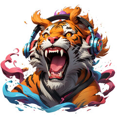 Wall Mural - Full Energetic Tiger Roar, Tiger Wearing Headphones and listening to music. T shirt Design Dtf Sticker Clipart.