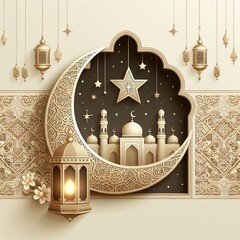 Eid mubarak featuring a lantern, crescent star, and Islamic ornate frame pattern on a light ornamental background