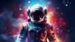 Astronaut in colorful space with helmet reflecting vibrant colors