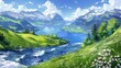 Scenic illustration of a lakeside mountain view - Gorgeous animated landscape showing a serene lake surrounded by mountains and lush greenery