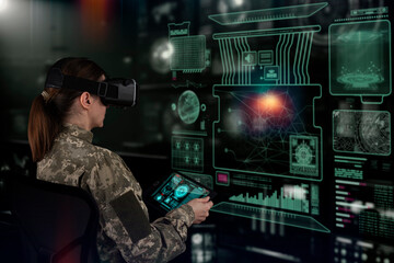 Military Think Tank, AI technology in the army. Warfare analytic operator checking coordination of the military team. Military commander with a digital device with vr glasses operating troops