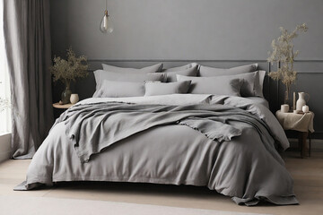 Wall Mural - Grey pillows on bed in modern bedroom interior. 3d render