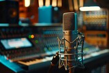Fototapeta  - Professional microphone in a recording studio with ambient lighting and equipment in the background
