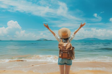 Woman with arms raised facing the sea on a sandy beach