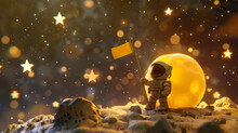 3D Astronaut Planting A Flag On A Cheese Moon, Stars Sparkling