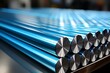 Metallurgical industry backdrop with stainless steel pipes, industrial metal manufacturing concept