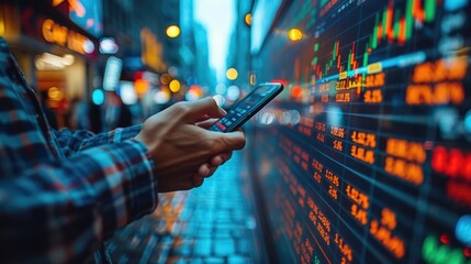 Hand holding smartphone with stock market data on screen.