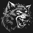 Angry wolf head showing his sharp teeth, mascot, logo, tattoo template, vector illustration