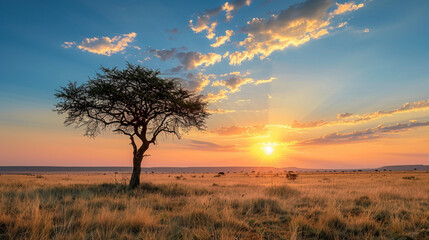 Wall Mural - Sunset on African plains with acacia tree