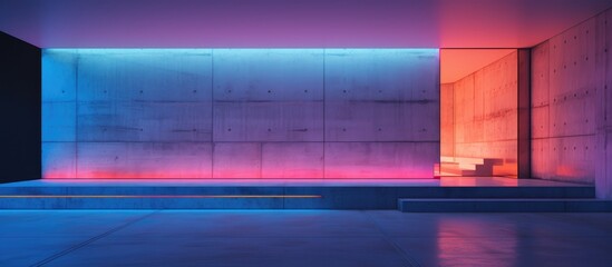 Wall Mural - A room featuring a sleek bench against a concrete wall, illuminated by neon gradient lighting. The minimalist design creates a modern and functional space.