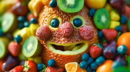 a creatively assembled smiley face made entirely of fruit slices, symbolizing a delightful and substantial healthy snack option that combines nutrition with fun for all ages. Ai generated