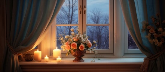 A vase filled with colorful flowers sits on a window sill, illuminated by natural light. The flowers appear fresh and vibrant against the backdrop of the window frame.