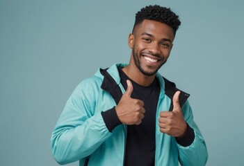 Wall Mural - A smiling man in a sporty jacket gives thumbs up. His playful expression and athletic outfit evoke a sense of readiness and confidence.