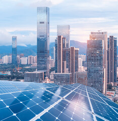 Wall Mural - solar panels with cityscape of modern city