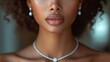 © Albert - Close-up of a woman wearing jewelry., A portrait of a woman with her hair in curls., The face of a beautiful young lady., A detailed view of a woman's neck and chin area..