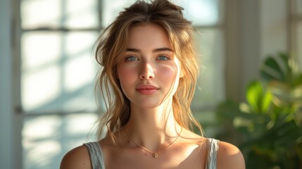 A young woman with a gold necklace., A beautiful girl looking at the camera., A pretty lady in front of a window., A sunlit woman wearing a gold necklace and bracelet..