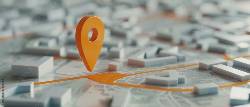 An orange map marker stands prominently on a physical map, highlighting ...