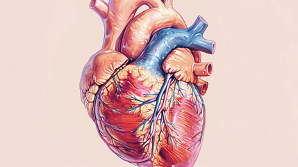 Illustration of a human heart showing chambers and valves with detailed annotations text in a realistic style