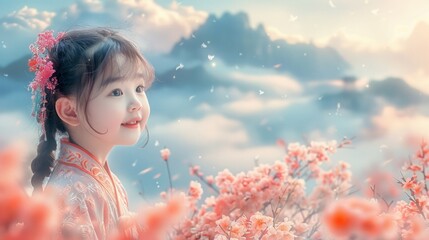 Wall Mural - Keep your eyes straight ahead,Extreme long shot, wide angle,A cute Chinese baby wearing a traditional Chinese Hanfu,
