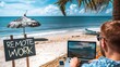Remote work concept image with a man working from the beach on his laptop computer and sign with written words 