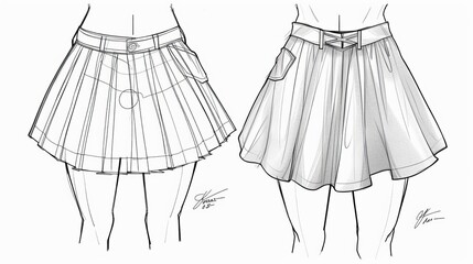 Wall Mural - mini shorts skirt fashion drawing, bird eye detail skirt, front and back view, skirt cad, skirt template.
