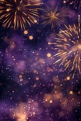 Wall Mural - abstract gold and dark violet fireworks and bokeh. happy new year eve with a copy space. holiday bac