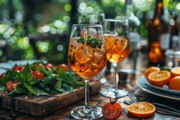 Two glasses of iced tea with orange slices and mint, placed on a table among fresh food on a sunny day