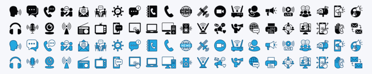 Speaking and communication flat icon set. Discussion, speech bubble, talking, chat, social media message, conversation, campaign, announce, technology for app and website. Vector illustration