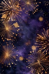 Wall Mural - abstract gold and dark violet fireworks and bokeh. happy new year eve with a copy space. holiday bac