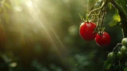 Wall Mural - a red tomato hangs on a branch with copy space for text. solar glare in the left corner 