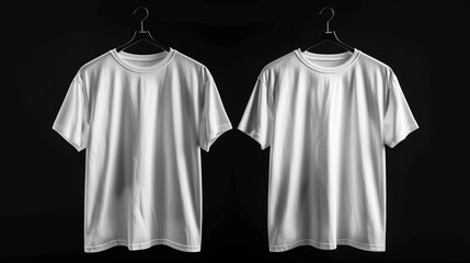 Wall Mural - Men's white blank T-shirt template, two sides, natural shape on invisible mannequin, for your design mockup for print, isolated on black background. Set Mockup of a white oversized t-shirt 3D 