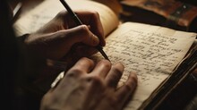 Close up male hand writing down letters on a piece of diary recording a journal or diary entry or writing a novel. 