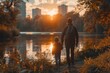 A father and son stand by a lake watching the sunset, symbolizing family bonding and the beauty of shared experiences