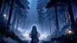 Lonely anime girl against a forest background, fog, illustration, anime background, blue color