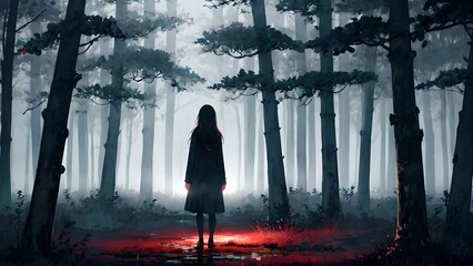 Poster - Sad anime girl against the background of the forest, fog, illustration, night