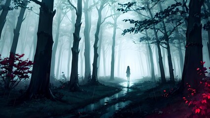 Wall Mural - Sad anime girl against the background of the forest, fog, illustration, anime background