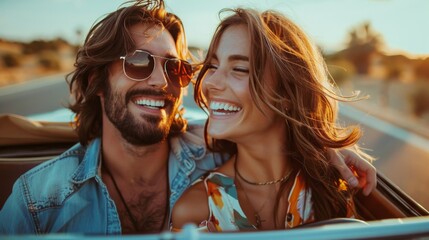 Wall Mural - A fun and adventurous photo of a couple on a road trip, sitting in a colorful vintage car and laughing together