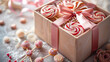 Pink and White Candy Assortment in a Gift Box with Bokeh Background

