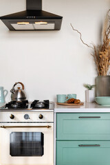 Poster - Kitchen interior with retro style, cupboard, gas stove and extractor hood