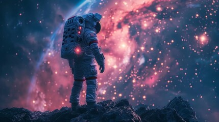 Wall Mural - An astronaut is strolling around the planet, gazing up at the starry sky 