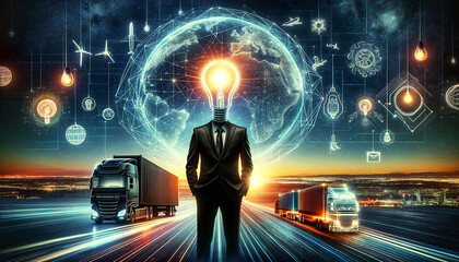 An innovative and creative depiction of a man with a light bulb head, representing inspiration and ideas, standing before a global network, with trucks speeding by, all AI-generated.