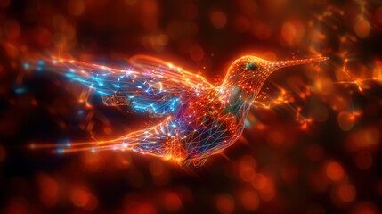 Wall Mural - Magic glowing glittering multi-colored hummingbird in flight