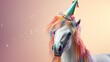 A magical white horse with a birthday hat on its head. Its mane is colorful like a rainbow.