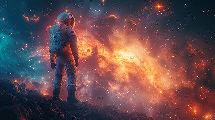 Wall Mural - An astronaut is strolling around the planet, gazing up at the starry sky 