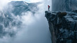 A lone adventurer stands on the precipice of a misty mountainous landscape, evoking a sense of adventure and the sublime
