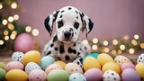 Fototapeta Zwierzęta - dog with eggs A funny little Dalmatian puppy that looks like he just painted some Easter eggs 