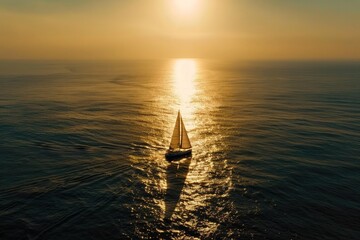 Wall Mural - Sailboat on the open sea during sunset.