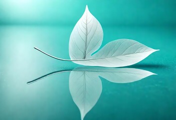 Canvas Print - White transparent leaf on mirror surface with reflection on turquoise background macro. Artistic image of ship in water of lake. Dreamy image nature, free space. AI generated